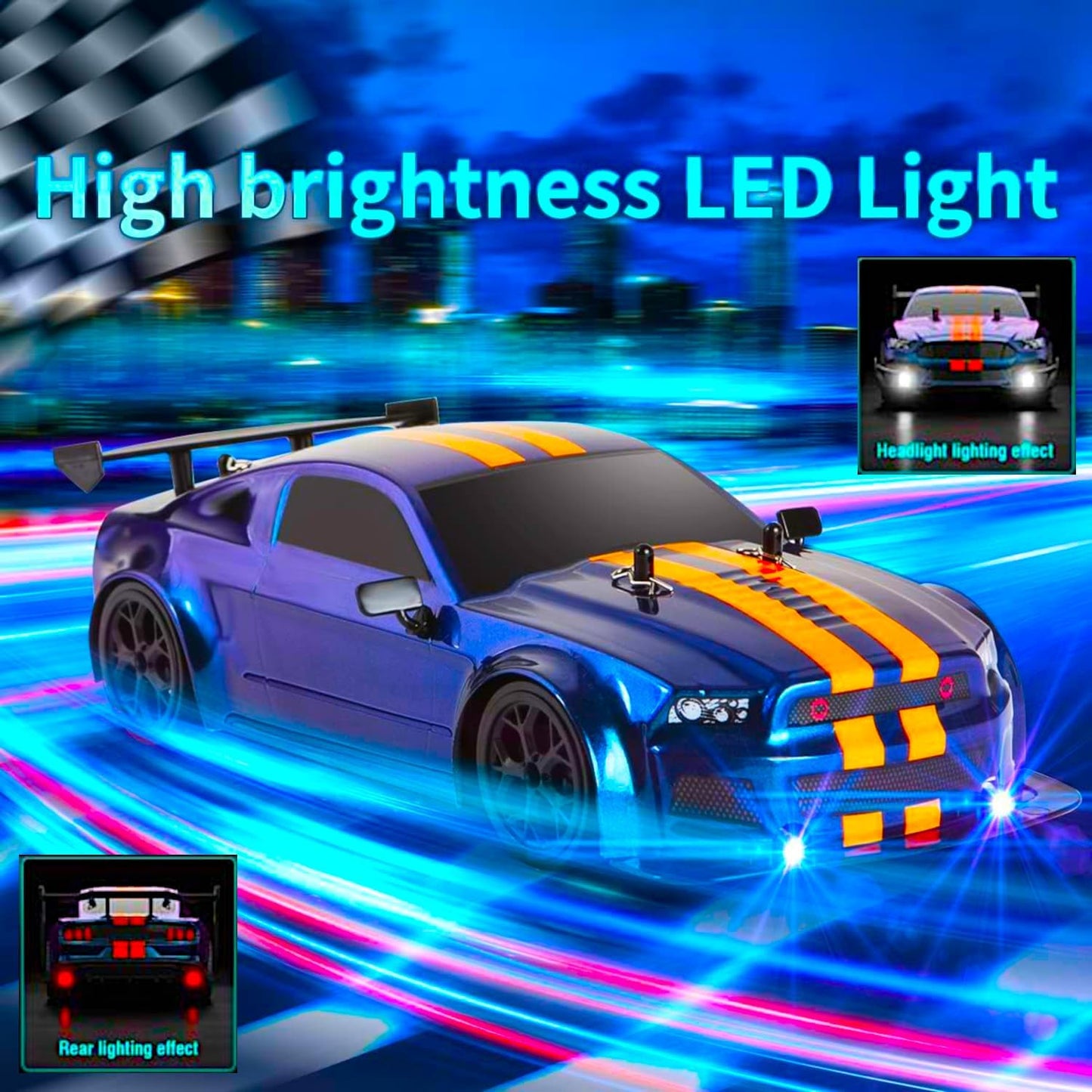 4WD Drift Racing Car, 1/14 RC Tail Wing Spoiler Racer, Radio Control High Speed 30kmph Vehicle, 12” Demo Play Sports LED Cars with Drifting Wheels and Racing Tires, Classic Gifts, Blue