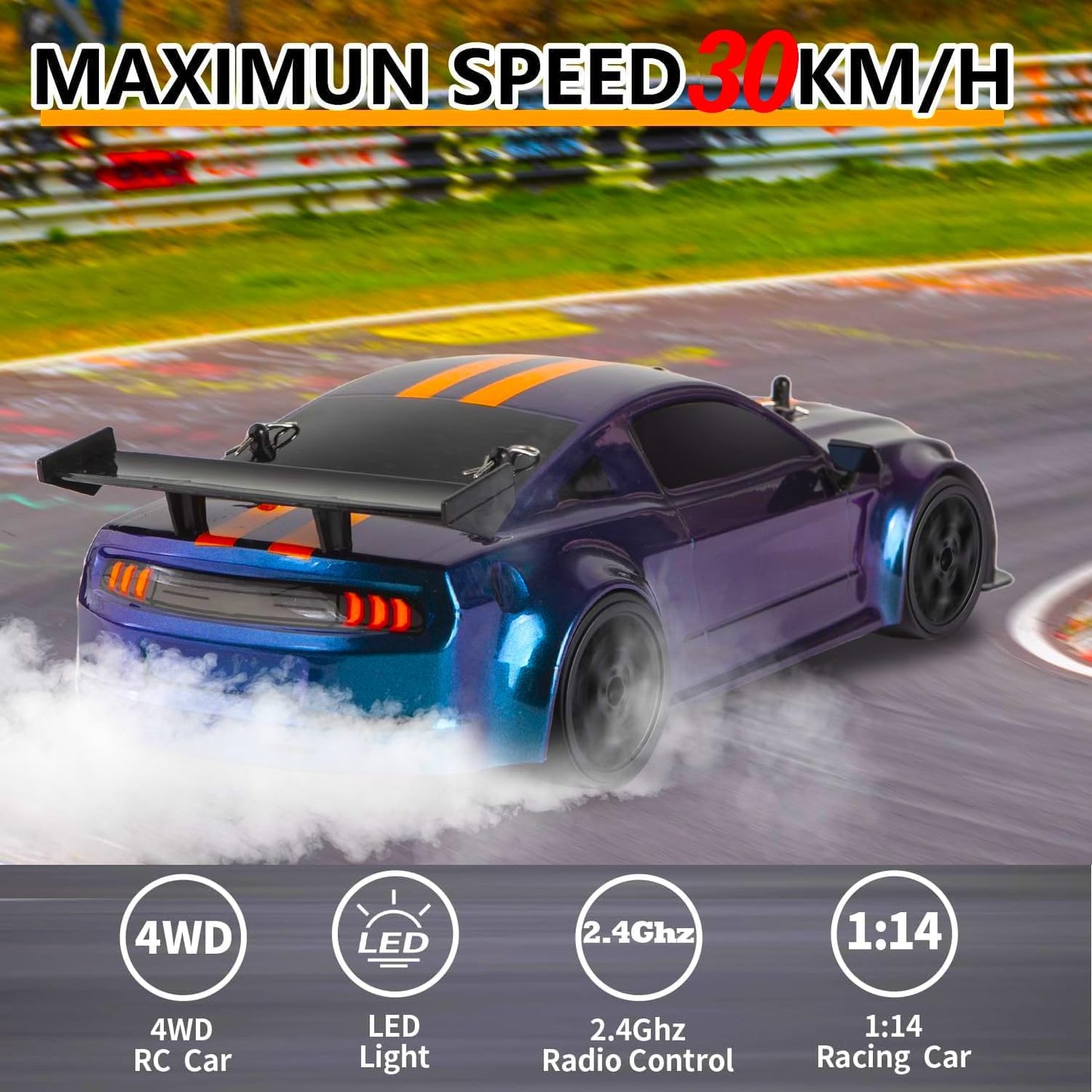 4WD Drift Racing Car, 1/14 RC Tail Wing Spoiler Racer, Radio Control High Speed 30kmph Vehicle, 12” Demo Play Sports LED Cars with Drifting Wheels and Racing Tires, Classic Gifts, Blue