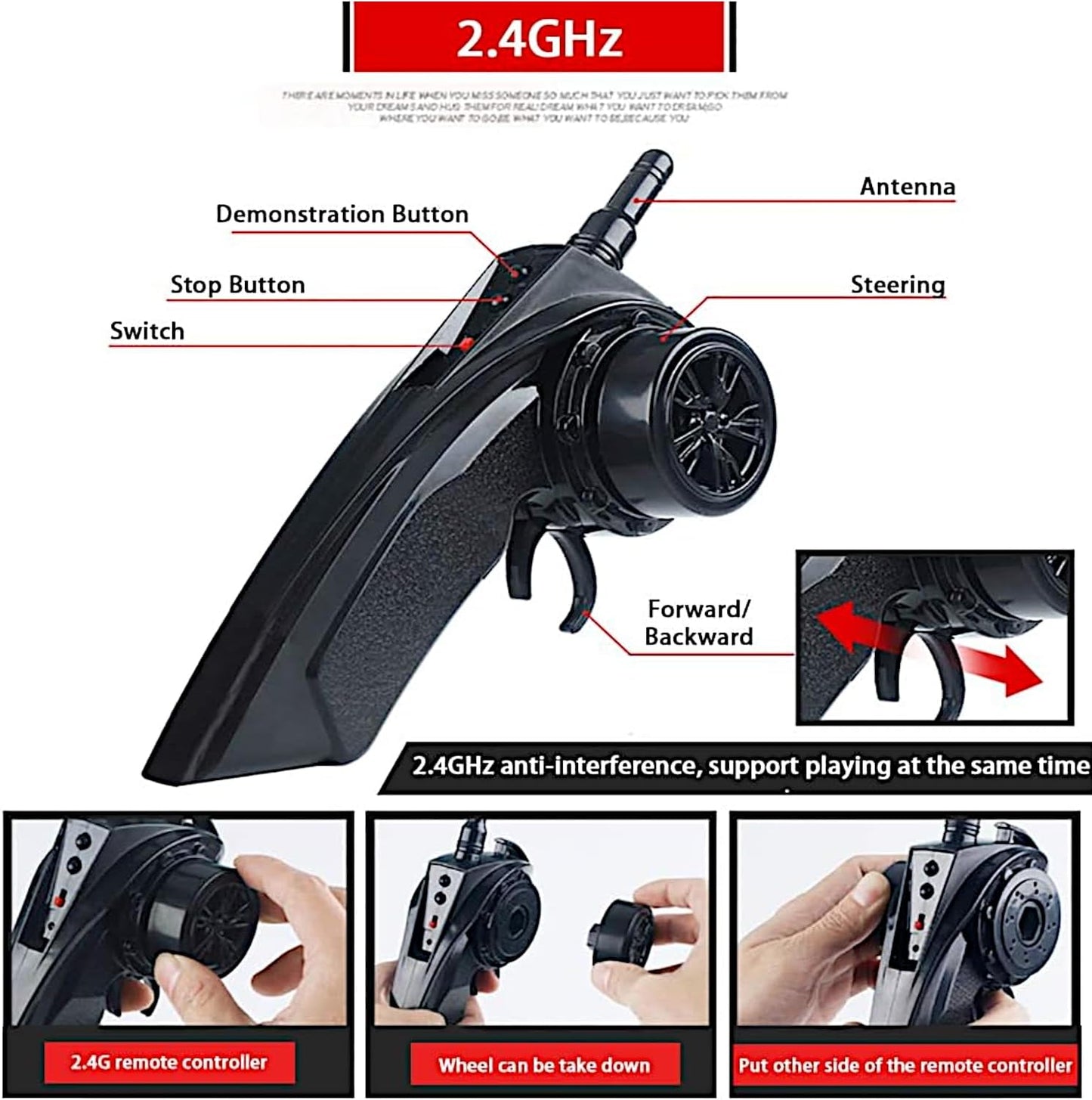 4WD Drift Racing Car, 1/14 RC Tail Wing Spoiler Racer, Radio Control High Speed 30kmph Vehicle, 12” Demo Play Sports LED Cars with Drifting Wheels and Racing Tires, Classic Gifts, Blue