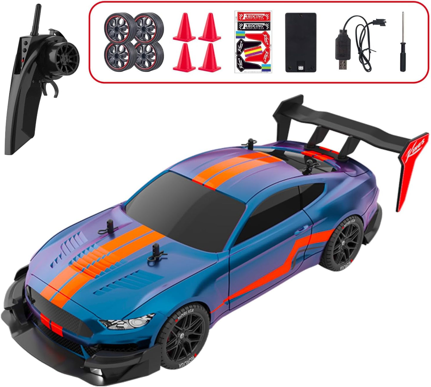 4WD Drift Racing Car, 1/14 RC Tail Wing Spoiler Racer, Radio Control High Speed 30kmph Vehicle, 12” Demo Play Sports LED Cars with Drifting Wheels and Racing Tires, Classic Gifts, Blue