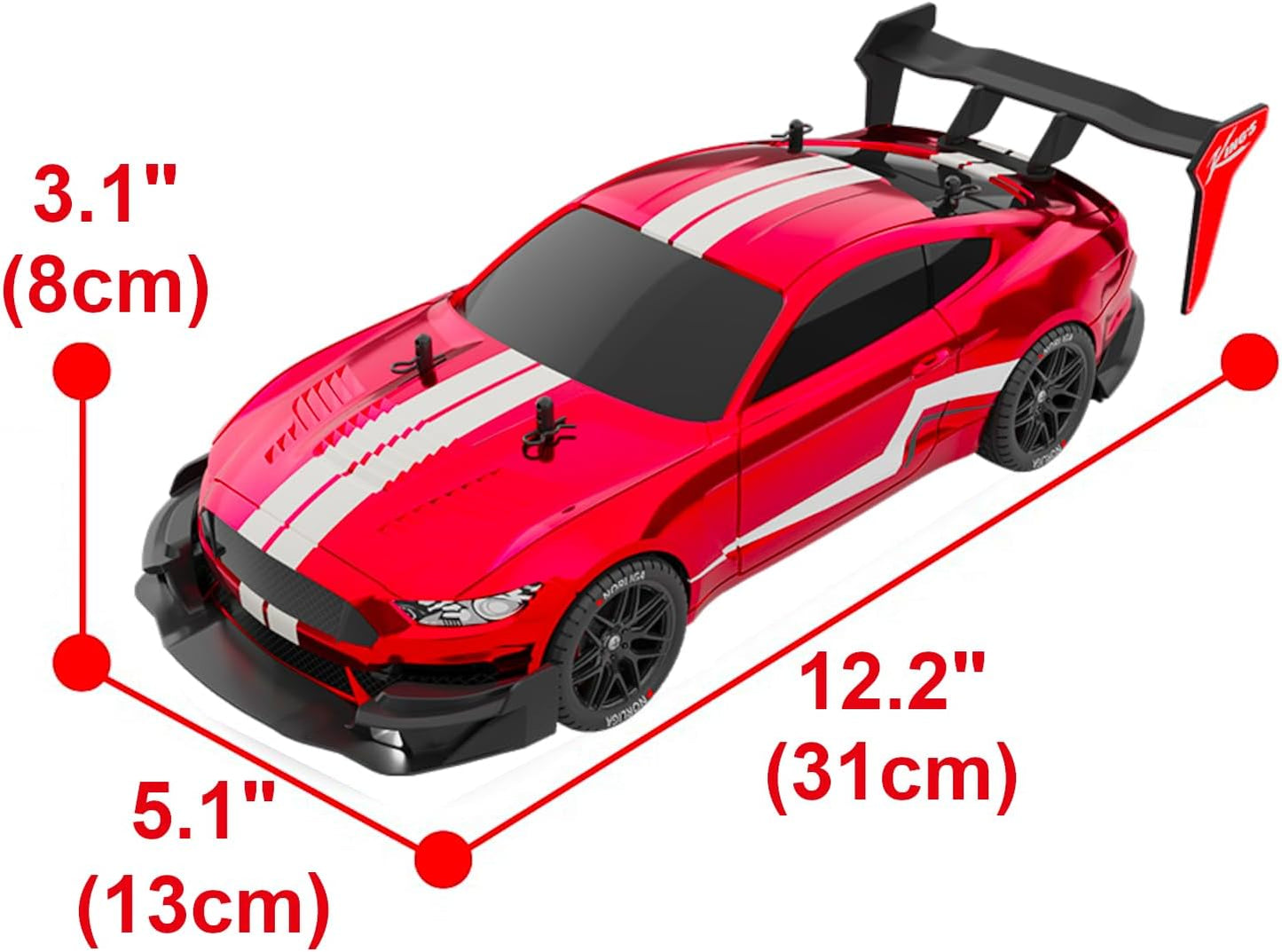 4WD Drift Racing Car, 1/14 RC Tail Wing Spoiler Racer, Radio Remote Control High Speed 30kmph Vehicle, 12” Demo Play Sports LED Cars with Drifting wheels and Racing Tires, Classic Gifts, Red