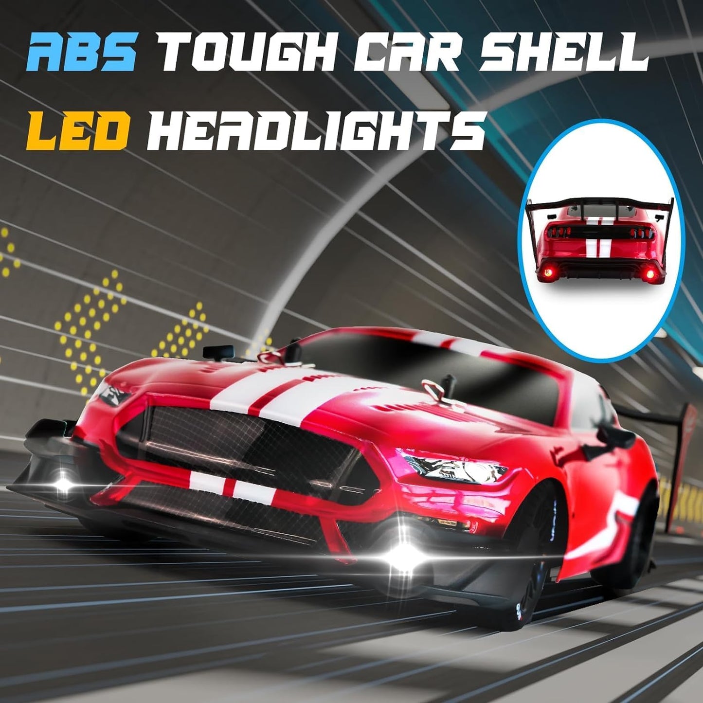 4WD Drift Racing Car, 1/14 RC Tail Wing Spoiler Racer, Radio Remote Control High Speed 30kmph Vehicle, 12” Demo Play Sports LED Cars with Drifting wheels and Racing Tires, Classic Gifts, Red