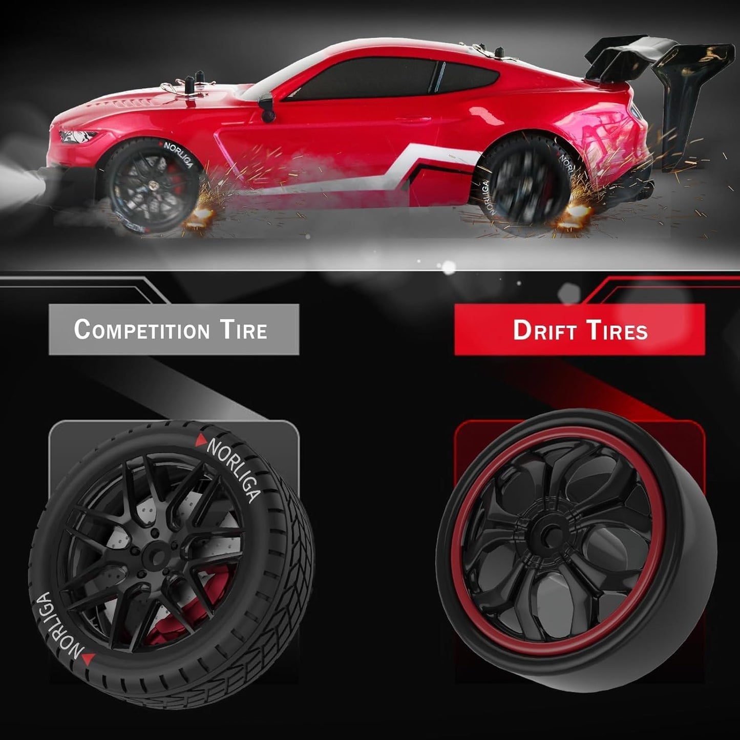 4WD Drift Racing Car, 1/14 RC Tail Wing Spoiler Racer, Radio Remote Control High Speed 30kmph Vehicle, 12” Demo Play Sports LED Cars with Drifting wheels and Racing Tires, Classic Gifts, Red