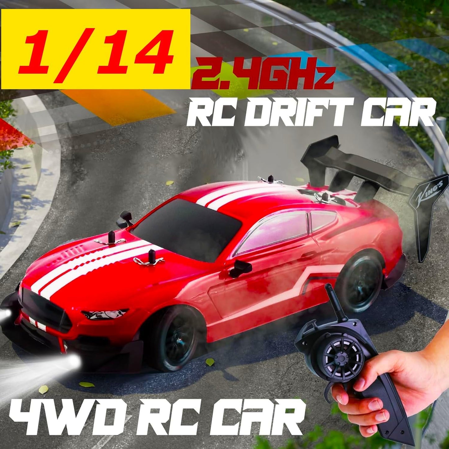 4WD Drift Racing Car, 1/14 RC Tail Wing Spoiler Racer, Radio Remote Control High Speed 30kmph Vehicle, 12” Demo Play Sports LED Cars with Drifting wheels and Racing Tires, Classic Gifts, Red