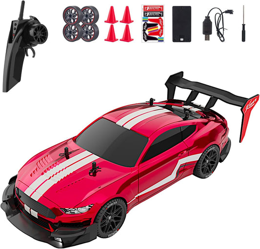 4WD Drift Racing Car, 1/14 RC Tail Wing Spoiler Racer, Radio Remote Control High Speed 30kmph Vehicle, 12” Demo Play Sports LED Cars with Drifting wheels and Racing Tires, Classic Gifts, Red