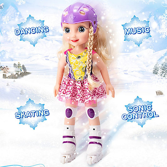 POCO DIVO Skating Princess 14" Dancing Doll Blading Skates Inline Roller Girl Interactive auto Retreat Baby Sonic Control Fashion Dress Blonde Beauty with Music