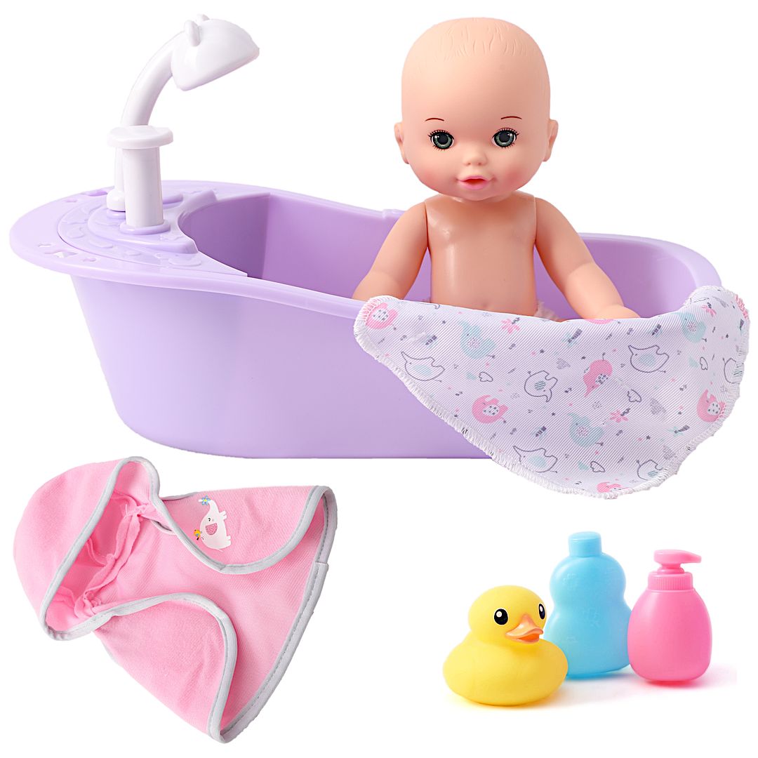 POCO DIVO Cherub Doll 7pcs Bathtub Play Set, 8-inch Toddler Girl Water Spraying Shower Kits, Newborn Infant Toy Baby with Pajamas