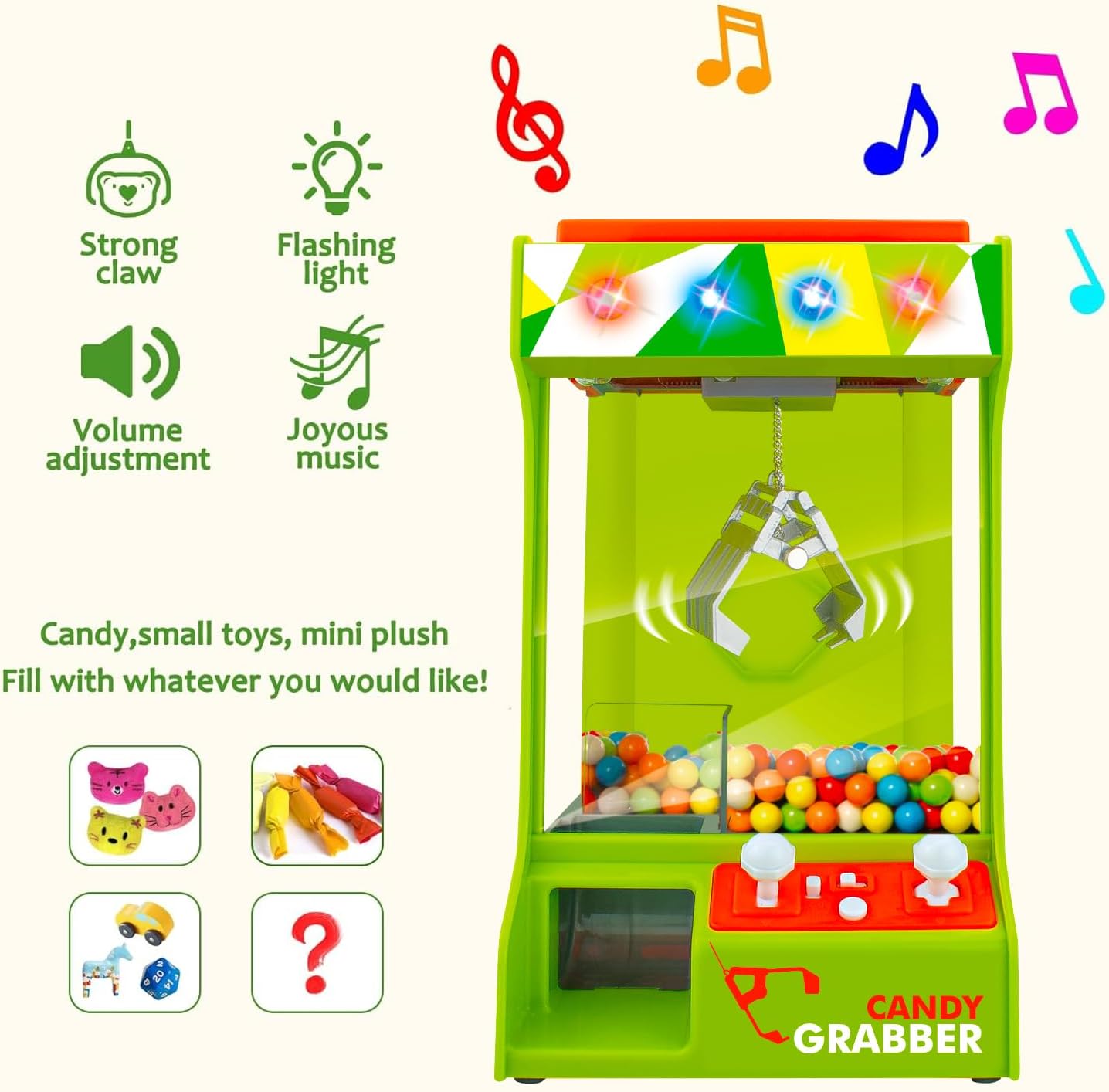 Claw Machine Arcade Grabber, Plushies Gift Candy Prize Figures Capsules Dispenser, Flashing Lights Adjustable Game Music, Battery USB Power Crane, Kids Boys Girls Classic Treats Vending Toy