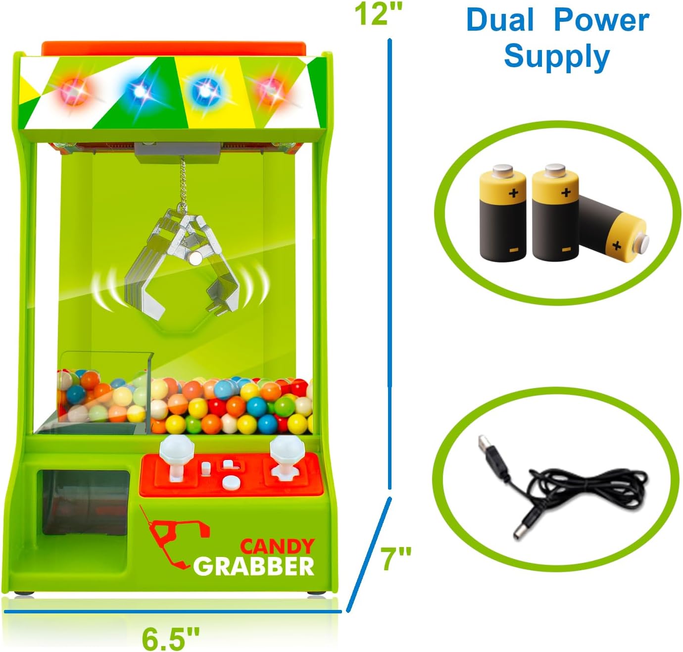 Claw Machine Arcade Grabber, Plushies Gift Candy Prize Figures Capsules Dispenser, Flashing Lights Adjustable Game Music, Battery USB Power Crane, Kids Boys Girls Classic Treats Vending Toy
