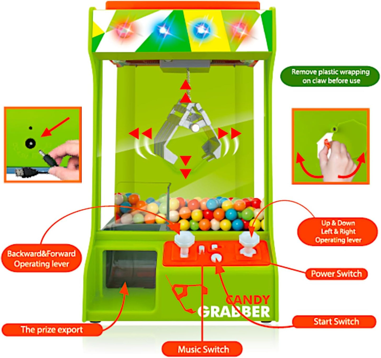 Claw Machine Arcade Grabber, Plushies Gift Candy Prize Figures Capsules Dispenser, Flashing Lights Adjustable Game Music, Battery USB Power Crane, Kids Boys Girls Classic Treats Vending Toy