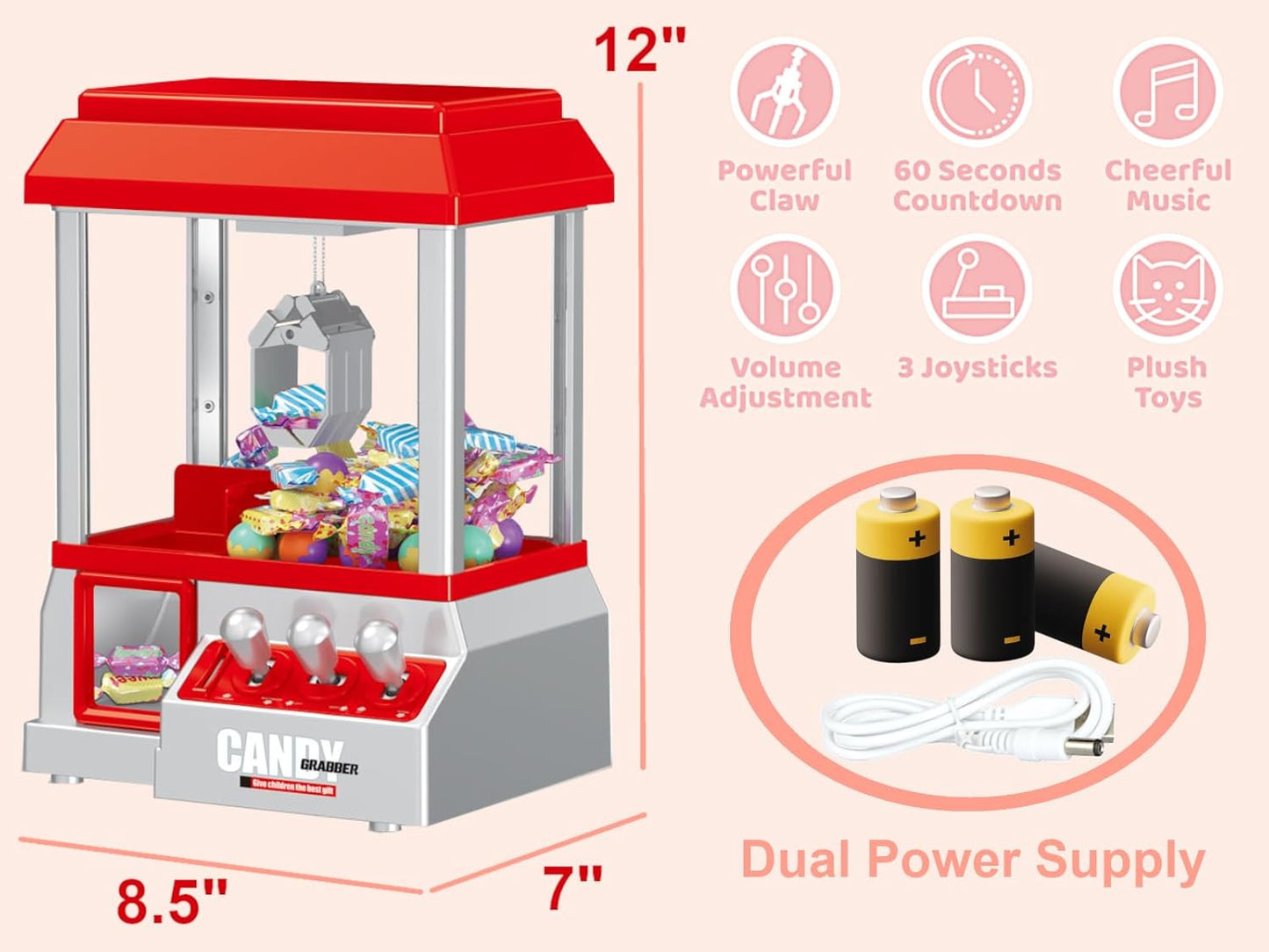 Classic Claw Machine Arcade Grabber, Plushies Gift Candy Prize Figures Capsules Dispenser, Adjustable Game Music Token Slot Play, Battery USB Power Treats Crane, Kids Boys Girls Vending Toy