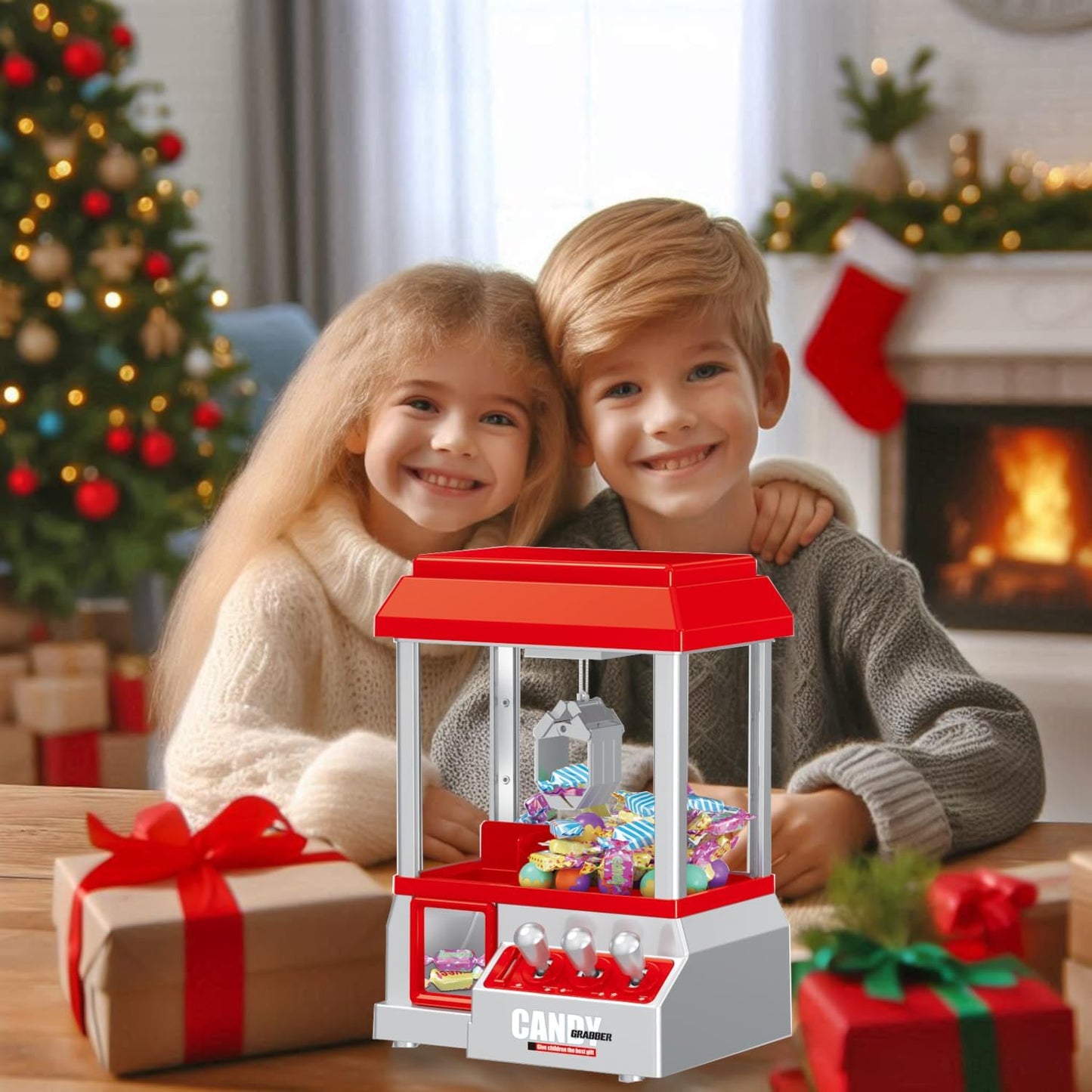 Classic Claw Machine Arcade Grabber, Plushies Gift Candy Prize Figures Capsules Dispenser, Adjustable Game Music Token Slot Play, Battery USB Power Treats Crane, Kids Boys Girls Vending Toy