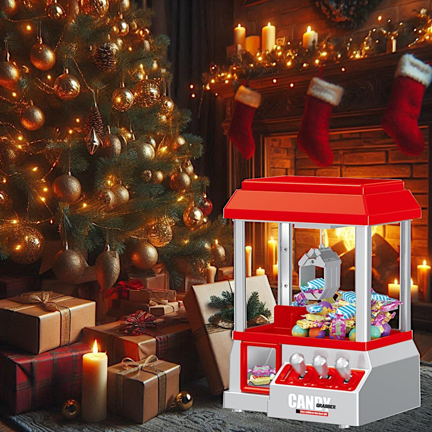 Classic Claw Machine Arcade Grabber, Plushies Gift Candy Prize Figures Capsules Dispenser, Adjustable Game Music Token Slot Play, Battery USB Power Treats Crane, Kids Boys Girls Vending Toy