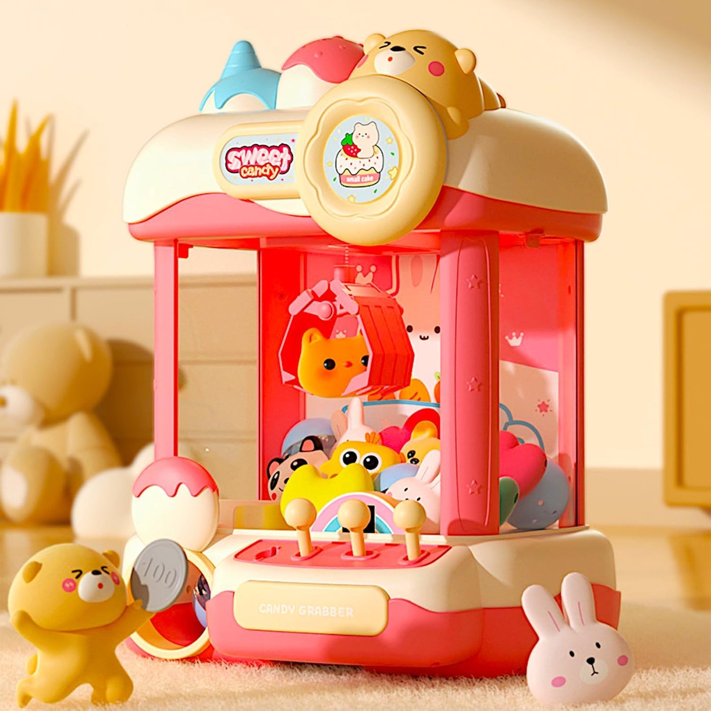 Cream Teddy Claw Machine 15" Candy Grabber, Plush Prize Treats Egg Figure Capsule Dispenser, Arcade Music Dual Power Kids Coin Slot Play, Princess Sweetie Champion Game, Girls Pink Cartoon Vending Toy