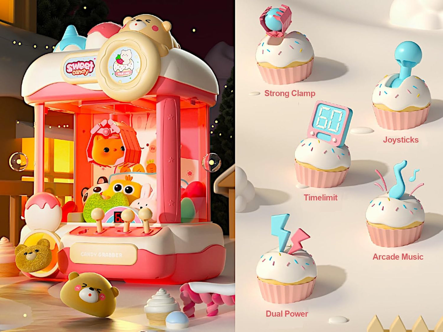 Cream Teddy Claw Machine 15" Candy Grabber, Plush Prize Treats Egg Figure Capsule Dispenser, Arcade Music Dual Power Kids Coin Slot Play, Princess Sweetie Champion Game, Girls Pink Cartoon Vending Toy