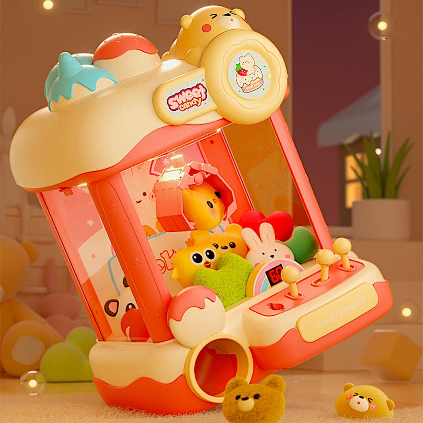 Cream Teddy Claw Machine 15" Candy Grabber, Plush Prize Treats Egg Figure Capsule Dispenser, Arcade Music Dual Power Kids Coin Slot Play, Princess Sweetie Champion Game, Girls Pink Cartoon Vending Toy