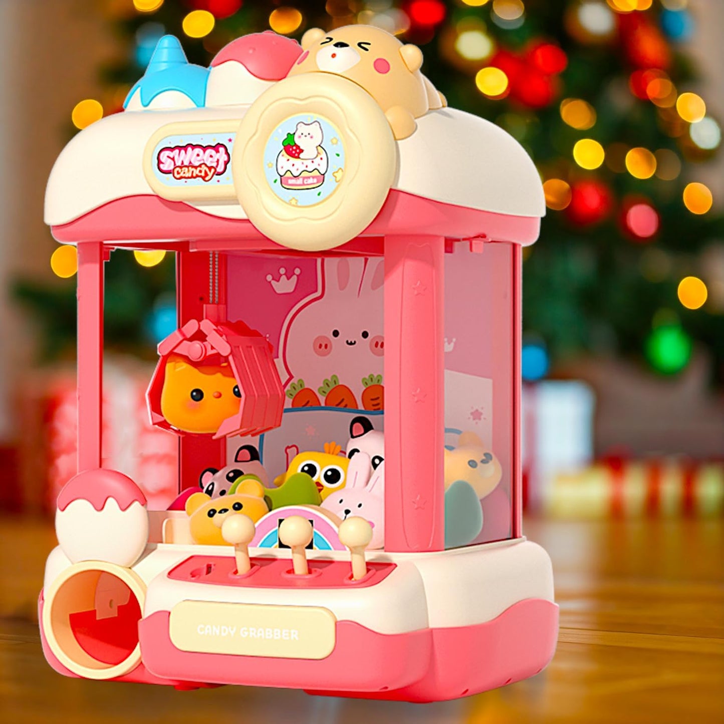 Cream Teddy Claw Machine 15" Candy Grabber, Plush Prize Treats Egg Figure Capsule Dispenser, Arcade Music Dual Power Kids Coin Slot Play, Princess Sweetie Champion Game, Girls Pink Cartoon Vending Toy