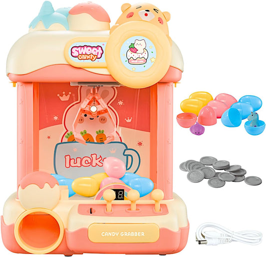 Cream Teddy Claw Machine 15" Candy Grabber, Plush Prize Treats Egg Figure Capsule Dispenser, Arcade Music Dual Power Kids Coin Slot Play, Princess Sweetie Champion Game, Girls Pink Cartoon Vending Toy