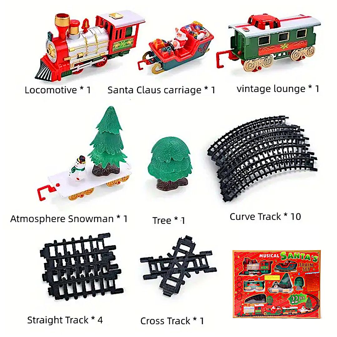 POCO DIVO Christmas Tree Music Train Set, Xmas Sounds Light Locomotive, 22pcs Electric Engine Railway Track Playset, Kids Gifts Express Cargo Toy Rail, Snowman Carriage Santa Clause Sleigh