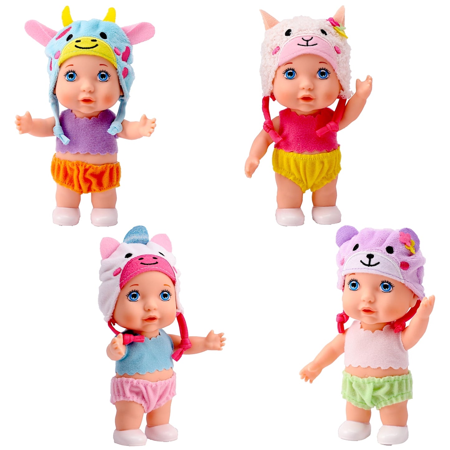 POCO DIVO 4pcs Toddler Cherub Dolls with Cartoon Beanie, 6-inch Happy Newborn Infant Toy Kids wear Animal Cap, Cute Baby Boys Girls Hat at Calf Lamb Unicorn Teddy Bear Design