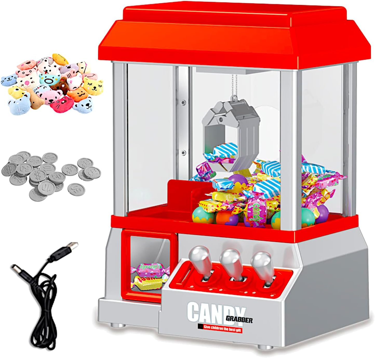 Classic Claw Machine Arcade Grabber, Plushies Gift Candy Prize Figures Capsules Dispenser, Adjustable Game Music Token Slot Play, Battery USB Power Treats Crane, Kids Boys Girls Vending Toy